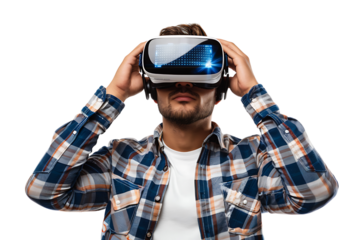 Man wearing virtual reality headset and playing game on isolated transparent background