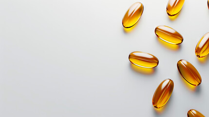 Omega 3 fish oil pills on a white background.