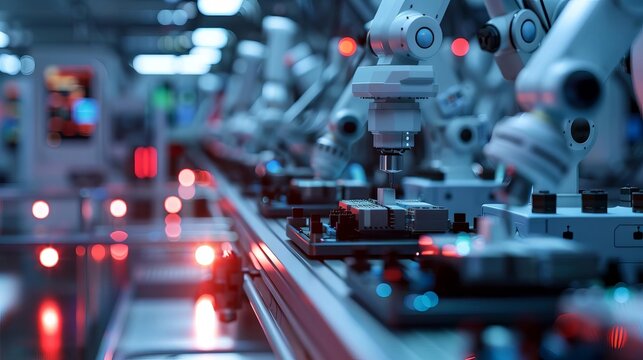 Depict a nanomanufacturing facility where nanobots assemble electronic components, emphasizing their efficiency and precision