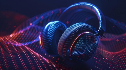 Depict a pair of headphones using acoustic metamaterials to cancel noise, focusing on their advanced soundblocking capabilities