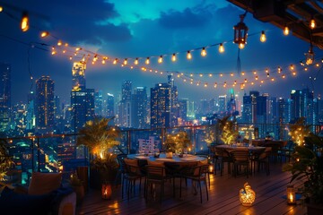 Rooftop dining area with tables and chairs, surrounded by string lights and plants, overlooking a brightly lit city skyline at night.
 - Powered by Adobe