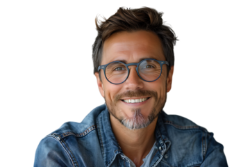 Portrait of happy man in stylish glasses on isolated transparent background