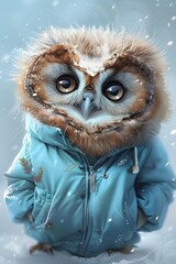 Great horned owl wearing jacket in winter