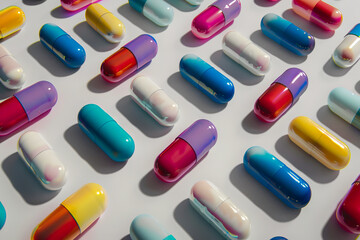 Many colorful pills are arranged on a white surface.