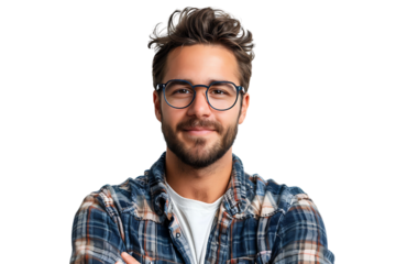 Portrait of happy man in stylish glasses on isolated transparent background