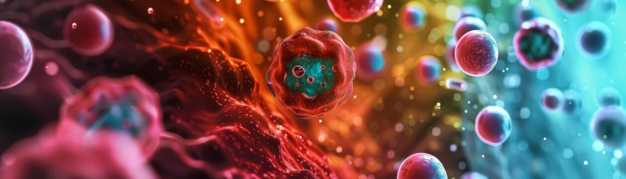 Show a closeup of quantum dots being used in a medical imaging device, focusing on their ability to target specific cells