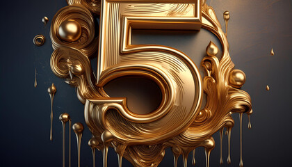 number 5 in golden drip effect, shiny metallic, logo, hyper realistic, ultra detailed, high...