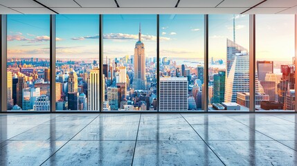 Fototapeta premium Contemporary Office Space With Expansive Windows And Urban Skyline