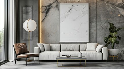 mock up poster frame in modern interior background, living room, 3D .