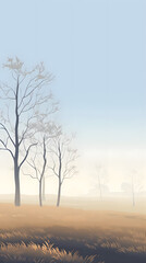 misty morning, mist covered prairie with sycamore trees. field landscape. vector background