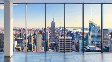 Empty Office With Large Windows View on Big City Modern Room