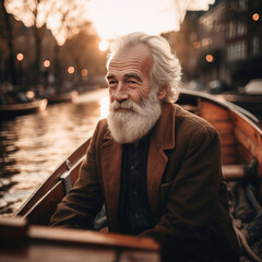 Obraz premium Elderly dutch man navigating wooden boat through tranquil amsterdam canals at sunrise