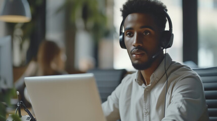 Focused African American male call center agent in headset consult business client online using laptop, concentrated biracial man in headphones watch webinar or training making notes at workplace - Powered by Adobe