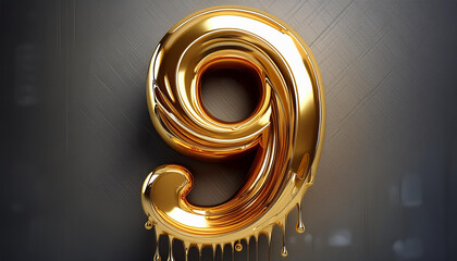 number 9 in golden drip effect, shiny metallic, logo, hyper realistic, ultra detailed, high resolution, 3d rendering