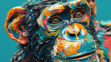 Close-up portrait of a chimpanzee in the style of impasto or thick oil strokes. Monkey looking at something. Illustration for cover, postcard, interior design, poster, brochure or presentation.
