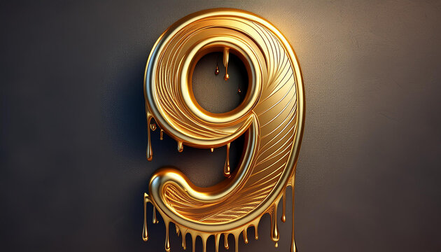 number 9 in golden drip effect, shiny metallic, logo, hyper realistic, ultra detailed, high resolution, 3d rendering