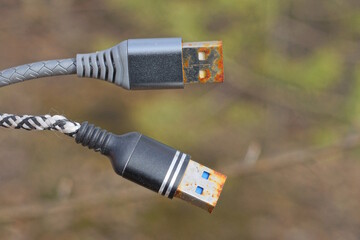 two old metal rusty usb with a black gray electrical wire