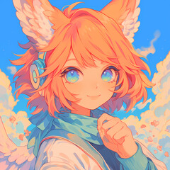 Joyful Anime Character with Wings and Headphones, Perfect for Branding and Creative Projects