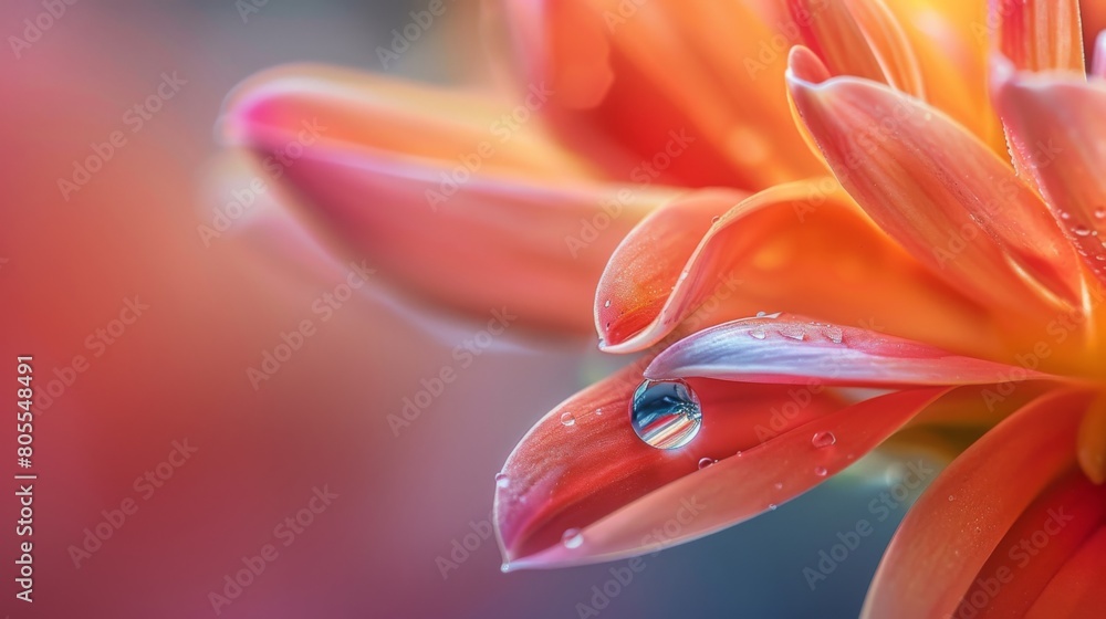 Poster a macro shot capturing a single dewdrop delicately balanced on the petal of a vibrant flower, gliste