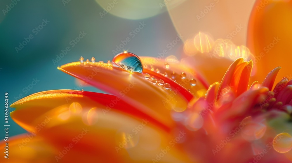 Poster a macro shot capturing a single dewdrop delicately balanced on the petal of a vibrant flower, gliste