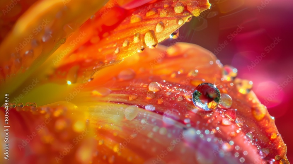 Poster a macro shot capturing a single dewdrop delicately balanced on the petal of a vibrant flower, gliste