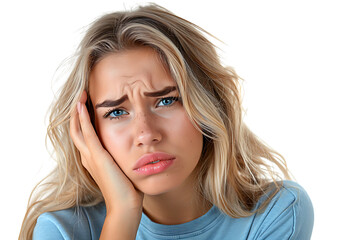 Fototapeta premium young male holding her cheek with hand, suffering from bad tooth ache on isolated transparent background