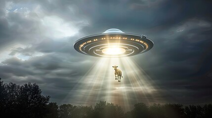 A futuristic concept of aliens from other civilizations abducting living beings. A UFO abducts a cow by capturing it with a beam of light. Illustration for cover, poster, brochure, presentation, etc.