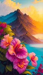 sunrise in the mountains / oil painting of scenic view , giant flowers on the bank