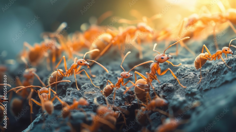 Poster a macro shot capturing the intricate details of ants working tirelessly in harmony, showcasing the w