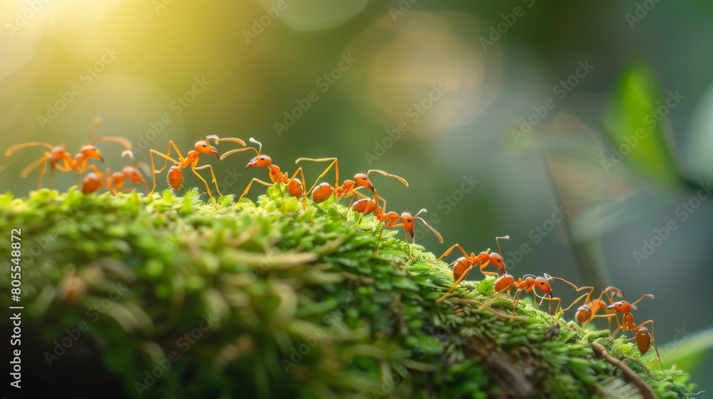 Poster a macro shot capturing the intricate details of ants working tirelessly in harmony, showcasing the w