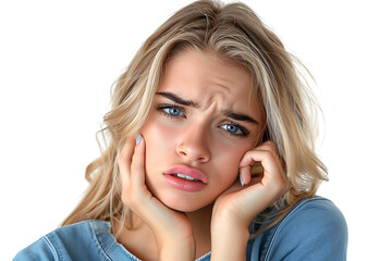 Fototapeta premium young male holding her cheek with hand, suffering from bad tooth ache on isolated transparent background