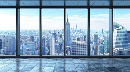 Fototapeta premium Modern Office Interior with Panoramic City View and Large Windows