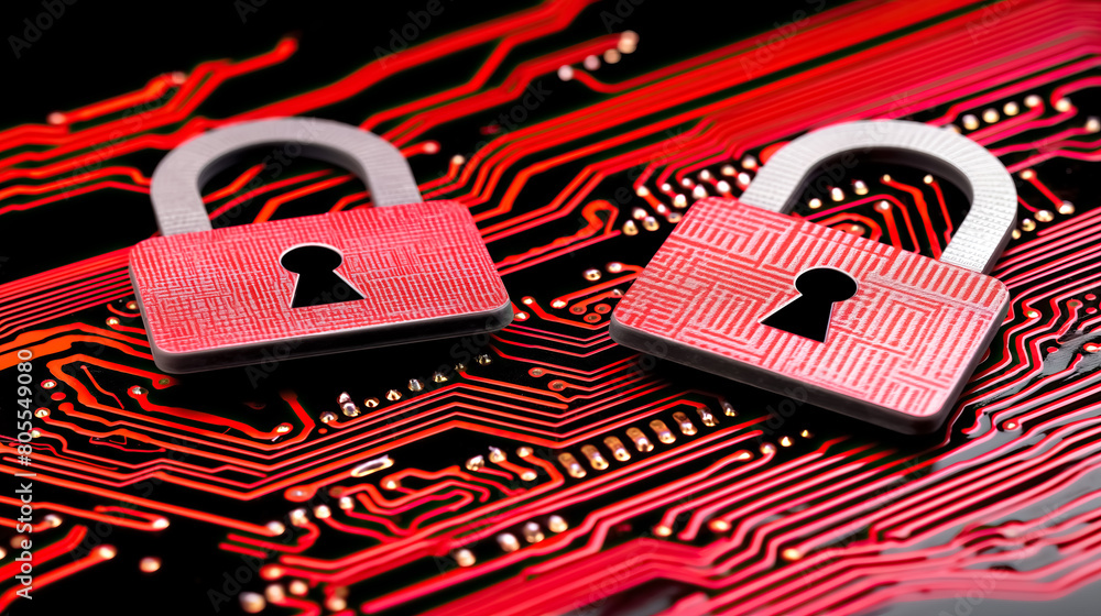 Aufkleber two red padlocks with textured pattern on red technical circuit board connections with concepts of cybersecurity digital privacy