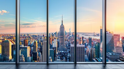 Panoramic Metropolis View from Sunlit Corporate Office, Empty Wide Room, Clear Windows