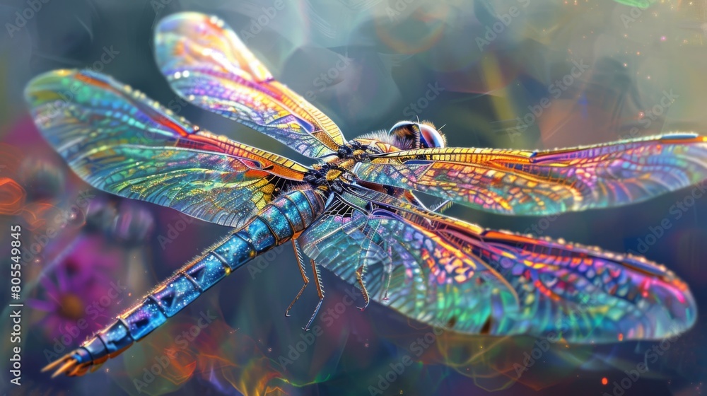 Poster a mesmerizing close-up of a dragonfly in mid-flight, its iridescent wings shimmering in the sunlight