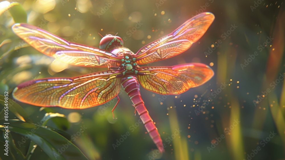 Poster a mesmerizing close-up of a dragonfly in mid-flight, its iridescent wings shimmering in the sunlight