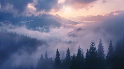 Amazing nature scenery, mountains under morning mist