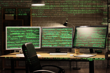 Computer monitors with programming code on table in dark office at night