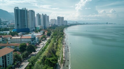 Fototapeta premium Aerial view of a city skyline and a body of water. Perfect for urban and waterfront themes
