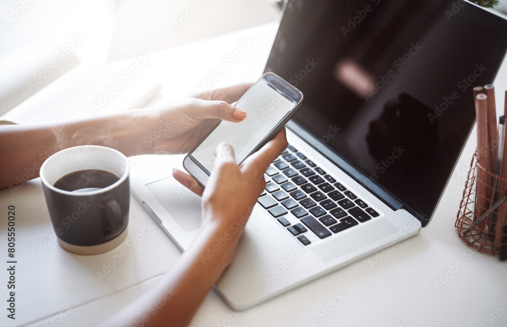 Poster smartphone, coffee and hands of person with laptop for working, network or research with technology 