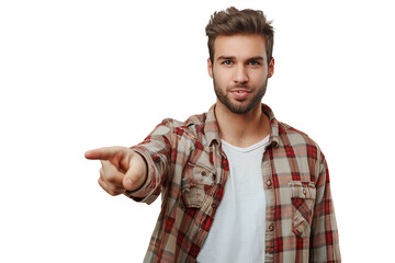 Naklejka premium Portrait of man pointing at camera on isolated transparent background