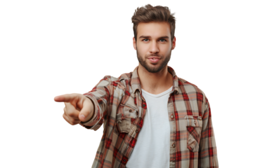 Portrait of man pointing at camera on isolated transparent background