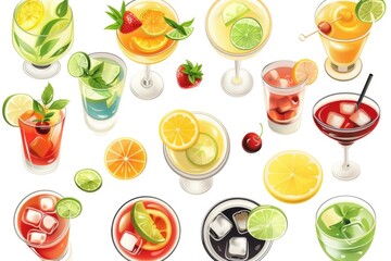 Various drinks and cocktails on a white background. Perfect for menu designs or party invitations