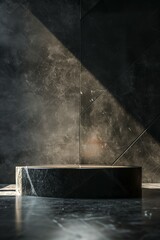 minimalistic black rock podium with round stage, minimal graphite scene with backlight, in style of black and white