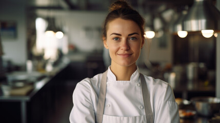 Smiling Female Chef in a Modern Kitchen