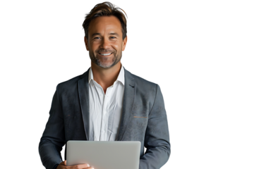 Young man standing holding laptop and looking at camera on isolated transparent background