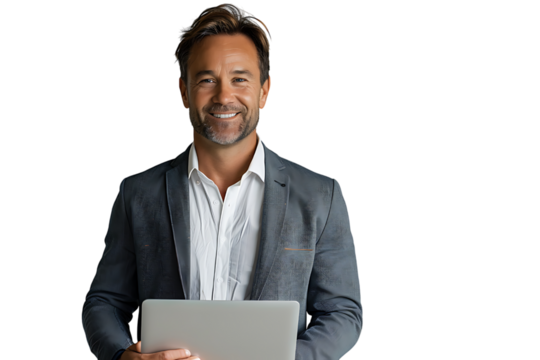 Young man standing holding laptop and looking at camera on isolated transparent background