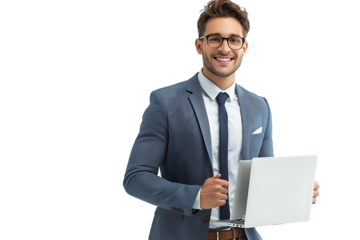 Young man standing holding laptop and looking at camera on isolated transparent background