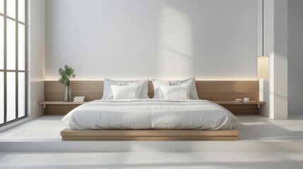 A minimalist bedroom interior with a platform bed, crisp white bedding, and minimalist bedside tables, promoting rest and relaxation.