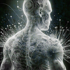 Human torso of a man on his back made of natural and fractal particles and patterns to represent the connection with nature.